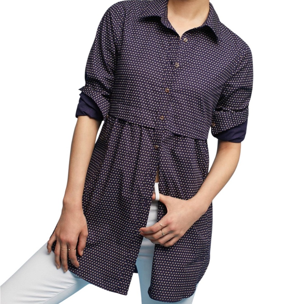 Maeve Anthropologie long sleeve polka dot gem Aled button up tunic shirt Small